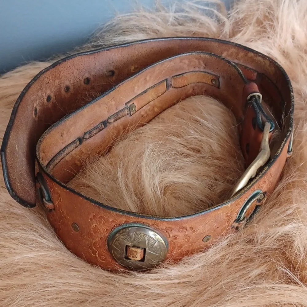 Vintage Chunky Distresed Brown Leather Belt with Brass Accents